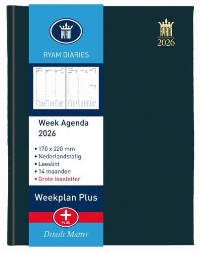 [900124] Agenda 2026 Ryam Weekplan Plus Mercury groot letter 7dagen/2pagina's zwart