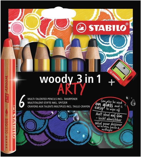 [640442] Kleurpotloden STABILO 880 woody 3 in 1 Arty inclusief puntenslijper assorti etui à 6 stuks