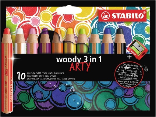 [640443] Kleurpotloden STABILO 880 woody 3 in 1 Arty inclusief puntenslijper assorti etui à 10 stuks