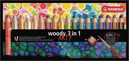 [640439] Kleurpotloden STABILO 880 woody 3 in 1 Arty incl puntenslijper en penseel assorti etui  à 18 stuks