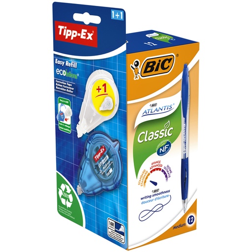 [1000329] Balpen BIC Atlantis + gratis Tipp-Ex easy medium blauw doos à 12 stuks