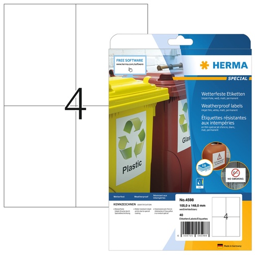 [1388793] Etiket HERMA 4598 105x148mm A4 folie wit 40stuks