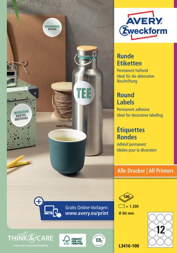 [1405279] Etiquette Avery Zweckform L3416 ronde 60mm blanc 1200 pièces