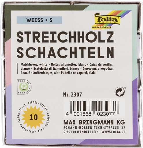 [1407620] Boîtes d'allumettes Folia 53x36x10mm blanc 10 pièces