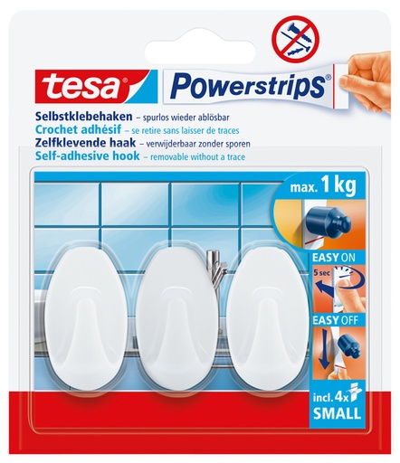 [1423665] Crochet tesa Powerstrips® SMALL ovale adhésif amovible blanc 3 pièces