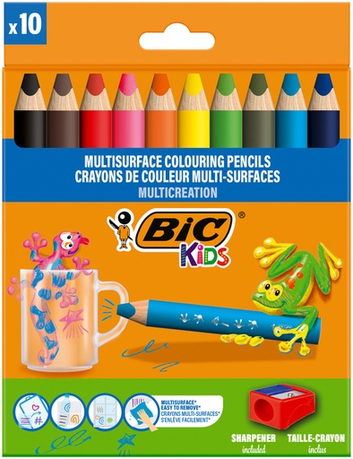 [1429678] Crayon de couleur BIC Kids Multi-surface inclus taille-crayon assorti paquet 10 pièces