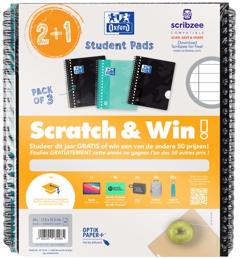 [1430433] Bloc collège Oxford School A5+ ligné 17 perf 160 pages 80g Scratch&Win assorti 3 pièces
