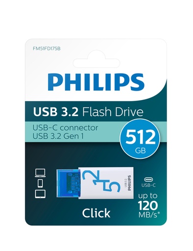 [1434100] Clé USB 3.2 Philips Click USB-C 512Go bleu