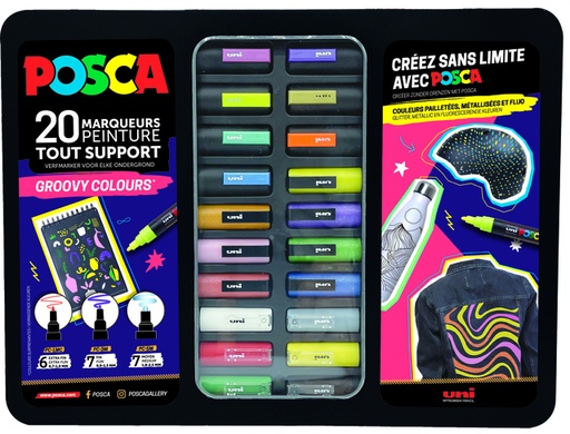 [1433782] Verfstift Posca Groovy Colours assorti metalen koffer à 20 stuks