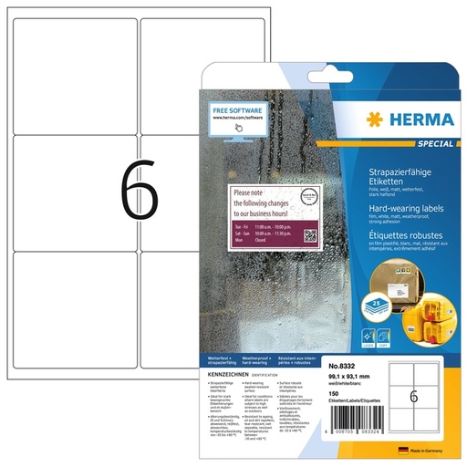 [1436341] Etiket HERMA 8332 99.1x93.1mm weerbestendig wit 150 etiketten