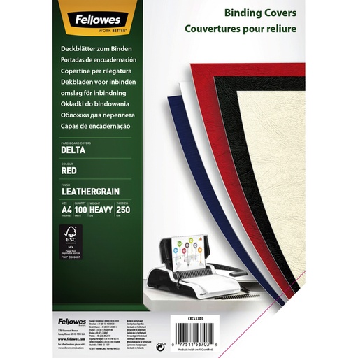 [535216] Voorblad Fellowes A4 lederlook rood 100 stuks