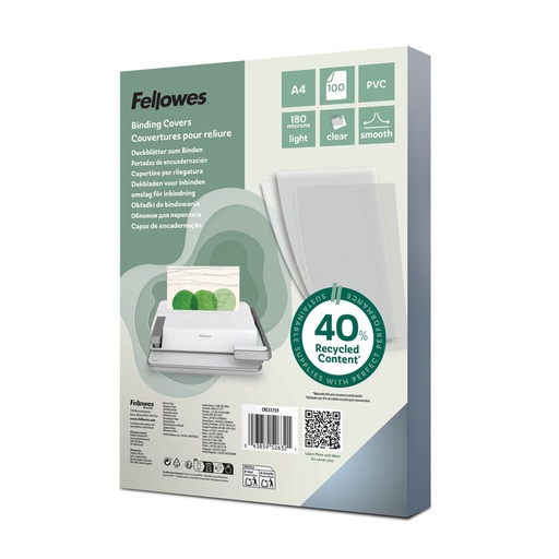 [535226] Couverture Fellowes A4 PVC 180 micron recyclé 100 pièces