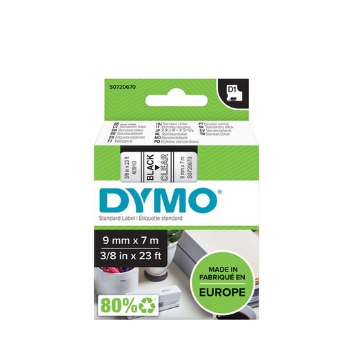 [930331] Labeltape Dymo LabelManager D1 polyester 9mm zwart op transparant