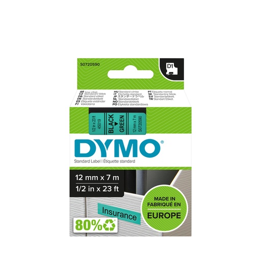 [930224] Labeltape Dymo LabelManager D1 polyester 12mm zwart op groen
