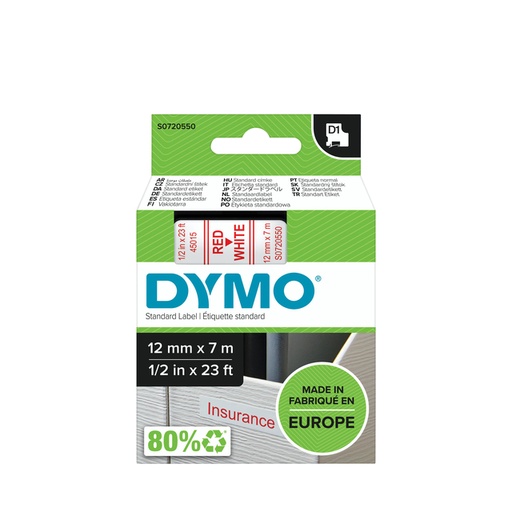 [930220] Ruban Dymo LabelManager D1 polyester 12mmx7m rouge sur blanc