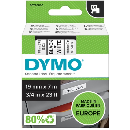 [930235] Ruban étiquettes Dymo LabelManager D1 polyester 19mm noir sur blanc