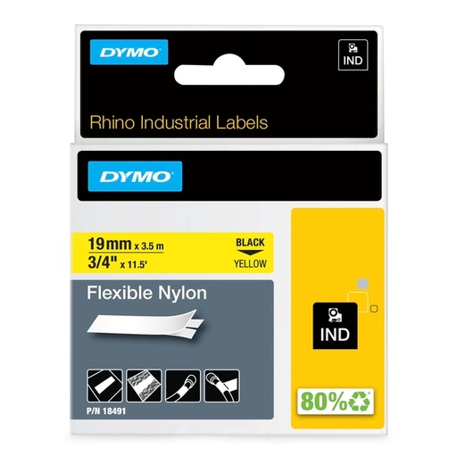 [930882] Labeltape Dymo Rhino industrieel nylon 19mm zwart op geel