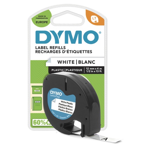 [931170] Ruban étiquettes Dymo LetraTag plastique 12mmx4m noir sur blanc