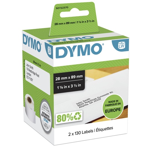[817208] Etiquette adresse Dymo LabelWriter 28x89mm 2 rouleaux x 130pcs blanc