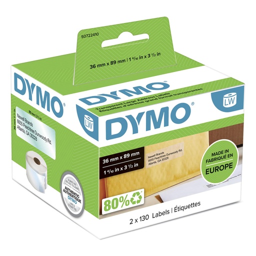 [817210] Etiquette adresse Dymo LabelWriter 36x89mm 2 rouleaux x 130 pcs transparent