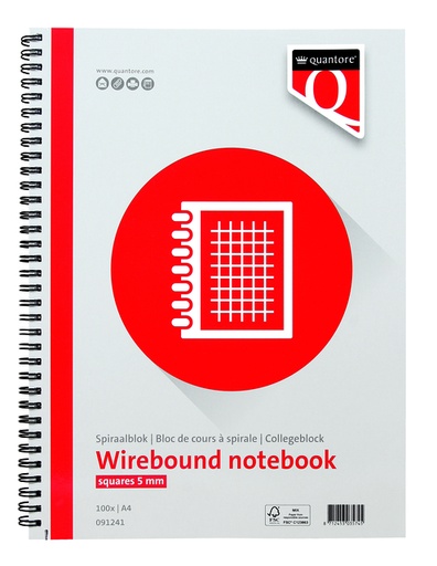 [091241] Bloc-notes Quantore A5 carreaux 5mm spirale latérale 100 feuilles 70g