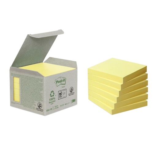 [392509] Memoblok Post-it 654-1B 76x76mm recycled geel 6 stuks